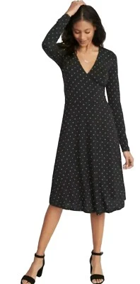 NUEVO $34.99/ANTIGUO AZUL MARINO/VESTIDO/TALLA PEQUEÑA/AJUSTE Y ACAMPANADO/ENVOLTURA SINTÉTICA/LUNARES/NEGRO/MANGA LARGA Foto 1 de 4