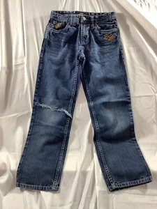 Akademiks Jeanius Jeans Boys size 10 Blue denim knee ripped Embroidered - Picture 1 of 9