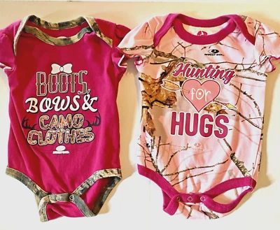 Lot Of  2 Mossy Oak Baby Girl One Piece 0 To 3 Months Pink Camo Hunting - Image 1 of 4