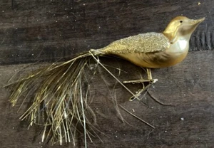 Antique GoldGlass Christmas Ornament Bird Clip German Spun Glass w/ Brush Tail - Picture 1 of 4