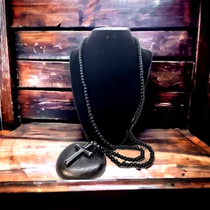 Black hematite cross long beaded necklace - Picture 1 of 8