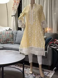 Pakistani Printed Cotton Shalwar Kameez Yellow Casual Wear White Trouser - Picture 1 of 4