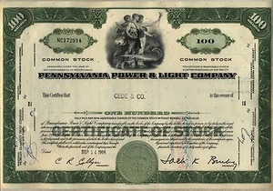 Certificado de acciones de Pennsylvania Power & Light Company PPL Allentown - Imagen 1 de 1