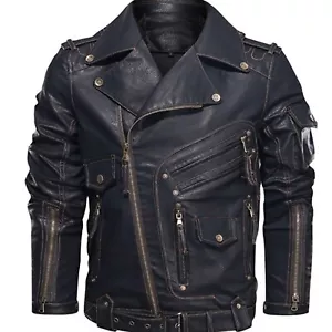 Mens Black Motorcycle Biker Stylish Outerwear Winter Real Leather Jacket - Picture 1 of 6