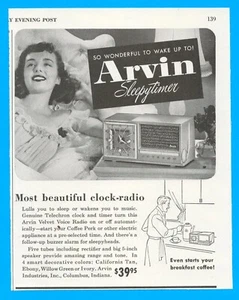 Radio reloj Arvin 1953 radio publicitaria impresa dama en cama temporizador de descanso para café - Imagen 1 de 4