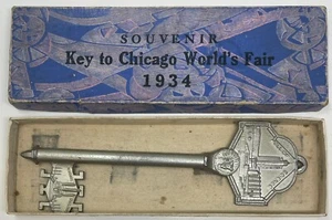 1934 Chicago World's Fair Century of Progress Souvenir Key w/ Original Box Rare - Foto 1 di 9