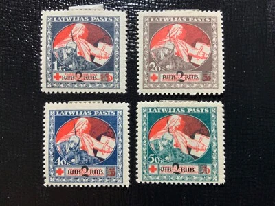 Estampillas de Letonia Letwijas pasadas 1920 posteriores a la Primera Guerra Mundial de 1,20,40 y 50 rublos en estampillas alemanas Foto 1 de 2