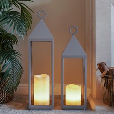 Lanterna Candele Giardino LED Grigia Alimentazione Batteria Grigia Metallo Senza Fiamma Esterno