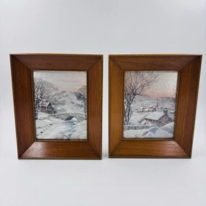 Set Of 2 Vtg Foil Etched Winter Snow Village Bridge Print Picture Wood Frame - Picture 1 of 12