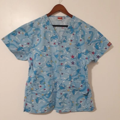 Dickies Dolphin Print Scrub Top Size Large V-Neck Pockets - Image 1 of 4