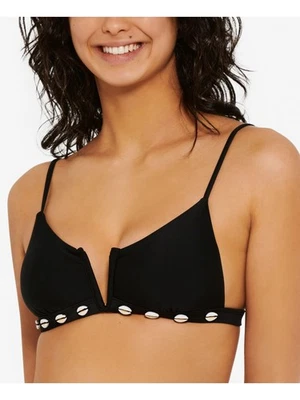 HULA HONEY Women's Black Stretch Shell-Trim Tie Lined V-Wire Swimsuit Top M - Image 1 of 3