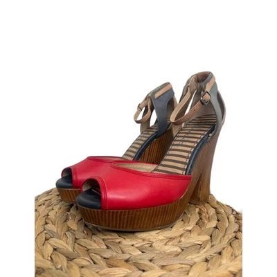 Splendid Davenport wood Wedge 9 Red Platform Sandals Peep Toe Ankle Strap Retro - Image 1 of 4