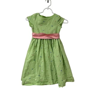Talbots Kids Girls Size 4 Green Linen Blend Polka Dot Embroidered Dress Easter - Picture 1 of 7