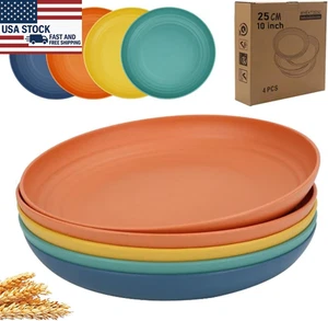 4 Pack 10 Inch Unbreakable Wheat Straw Plates Reusable Dinner Plates for Camping - Picture 1 of 12