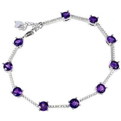 Pulsera de plata de ley 925 redonda amatista 5 mm piedras preciosas naturales joyería 7 pulgadas Foto 1 de 4