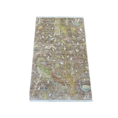 2'x3'3" Brown Peshawar Birds Design Hand Knotted Soft Wool Sample Rug G20958 - Image 1 of 4