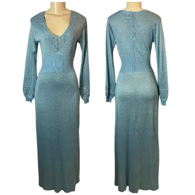 Wenjilli 70's Vintage Metallic Knit Dress Blue Embroidered Detail Cottagecore - Image 1 of 4