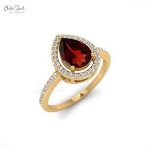 8x6mm Pear Cut Red Garnet Ring 14K Solid Gold Diamond Halo Wedding Jewelry Gift - Picture 1 of 23