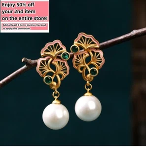 Jade Enamel Pearl Dangle Earrings Boho Flower Dainty Gemstone 18K Gold Plated - Picture 1 of 6