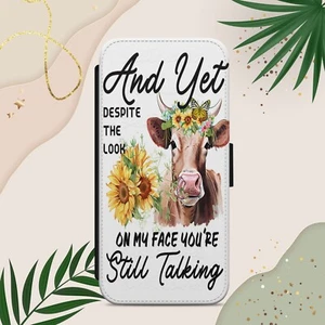 COW FUNNY QUOTE SUNFLOWER PHONE CASE COVER FOR IPHONE SAMSUNG PIXEL FLIP WALLET - Picture 1 of 4