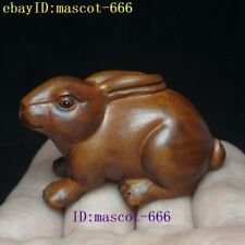 L 5.2CM Chinese Boxwood Hand Carved Rabbit Figure Statue Netsuke Decoration Gift