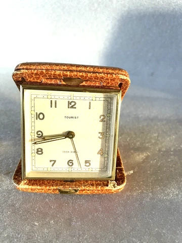 TOURIST 7 jewels Swiss made Travel Clock genuine leather Runs11 Vintage Cover