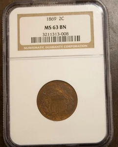 1869 Two Cent Piece NGC MS 63 BN Lot 3038 - Picture 1 of 4