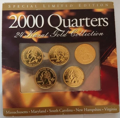 2000 24 Karat Gold Collection US Quarter set States 6-10 MA SC NH MD VI - Image 1 of 4