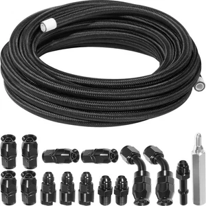 6AN 3/8" PTFE Fuel Line Kit W/Fittings Nylon Stainless Steel Braided Hose 25FT - Picture 1 of 20