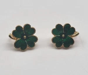Avon Green Enamel Gold Tone Four Leaf Clover Clip On Earrings Vintage Signed - Picture 1 of 8