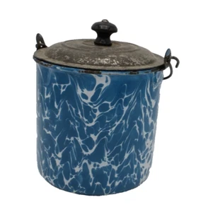 Antico secchio per pranzo secchio bacche vorticoso graniteware blu e bianco secchio - Foto 1 di 9