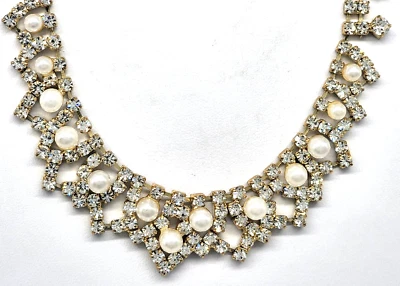 Rhinestone Necklace Faux Pearls Formal Bridal Gold Tone Metal Prong Set Sparkly! - Image 1 of 4