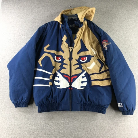 Vintage Florida Panthers Jacket Mens Extra Large Starter Hooded Quilted Big Logo Cover