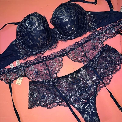 Victoria's Secret 32DD, 32DDD, 34D бюстгальтер комплект + подвязки ремень + стринги темно-синий серебряный фольга - Изображение 1 из 2