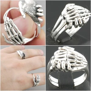 9g Leben & Tod Hand in Hand Totenkopf Skelett 925 Sterling Silber Herren Doppel Ring - Bild 1 von 12