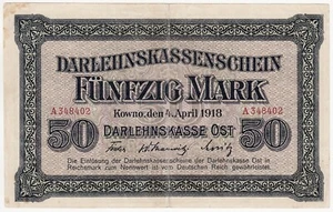 ALEMANIA PR132. Kowno 50 Mark 1918 en muy buen estado/f. Serie A. Primera Guerra Mundial Ocupación de LITUANIA - Imagen 1 de 2