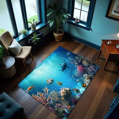 Alfombra Temática Acuario con Estampado de Océano y Peces, Alfombra Subacuática Suelo Marino Foto 1 de 3