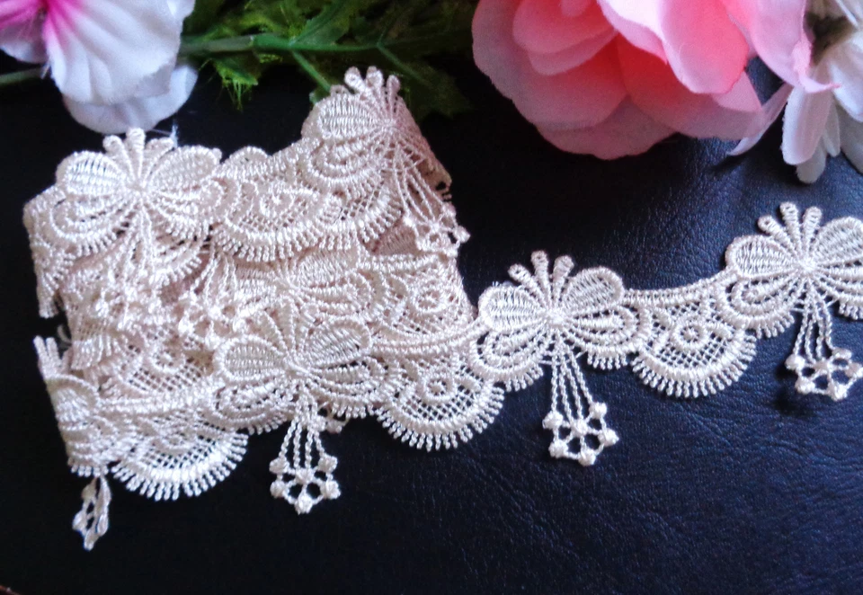 1 3/4 inch wide embroidered trim natural/light peach  color selling by the yard - Image 1 of 2