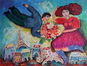 Langer Hand Signed Original Acrylic on Canvas a Couple in Love Night - Picture 1 of 1