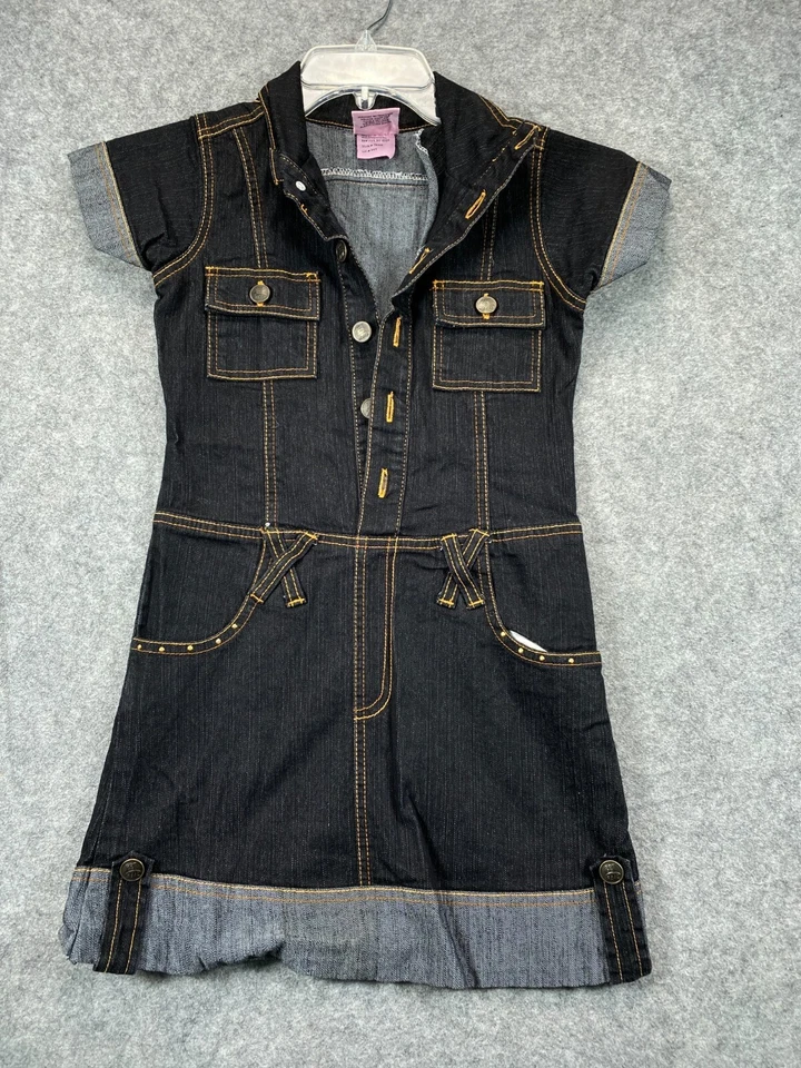 2B Real DIVA Denim Jean Dress Girls 10 12 Black Denim Brown Stitch Short Sleeve - Image 1 of 4
