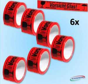 6x nastro per pacchi 50 mm 66 metri silenzioso + attenzione vetro rosso nastro adesivo cartone nastro per pacchi - Foto 1 di 3