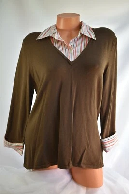 EAST 5TH (L) 2FER V-Neck BROWN Stretch Rayon Nylon Top Polyester Striped Collar  Foto 1 de 4
