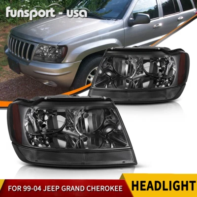 Headlights for 1999-2004 Jeep Grand Cherokee Chrome Housing Smoke Lens Headlamps - Image 1 of 4