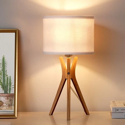 EDISHINE Modern Tripod Table Lamp,Bedside Lamp  Natural Wood Light Legs White - Image 1 of 4
