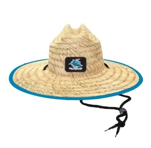 552621 CRONULLA SHARKS NRL TEAM LOGO ADULT ONE SIZE WIDE BRIM SUMMER STRAW HAT - Foto 1 di 3