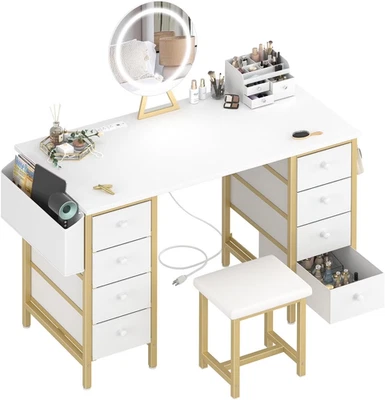 Gold Makeup Vanity Desk Set w/ Lighted Mirror Chair 8 Drawers Power Outlet - Image 1 of 4