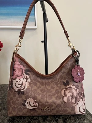 Coach CY729 Laurel  Bag In Signature Canvas & Rose Print w/ Tea Rose Charm! - Image 1 of 4