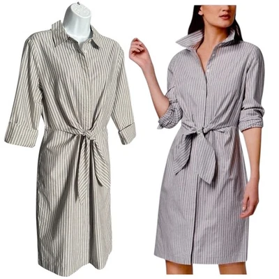 Calvin Klein Tie Front Shirt Dress Size 8 Knee Length Gray Striped Long Sleeve - Image 1 of 4