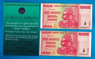 2 x 100 Million Zimbabwe Dollars Banknotes ZA 2008 Authentic ZA0005980 ZA0006653 - Image 1 of 3