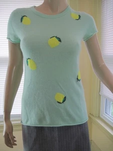 J.CREW 100% Cashmere Sweater Pullover Green Lemon pattern short sleeve Sz S EUC - Picture 1 of 4